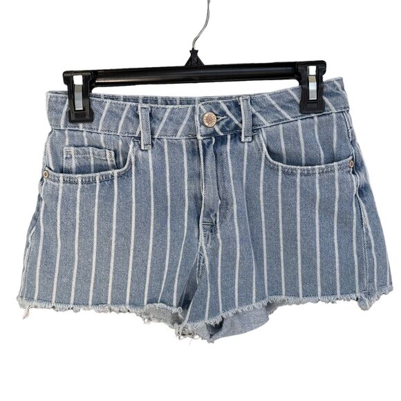 Zara Basic Z1975 SZ 2 Jeans Shorts Striped Mid-Rise Zip-Fly 5-Pocket Frayed Hems - Picture 1 of 5